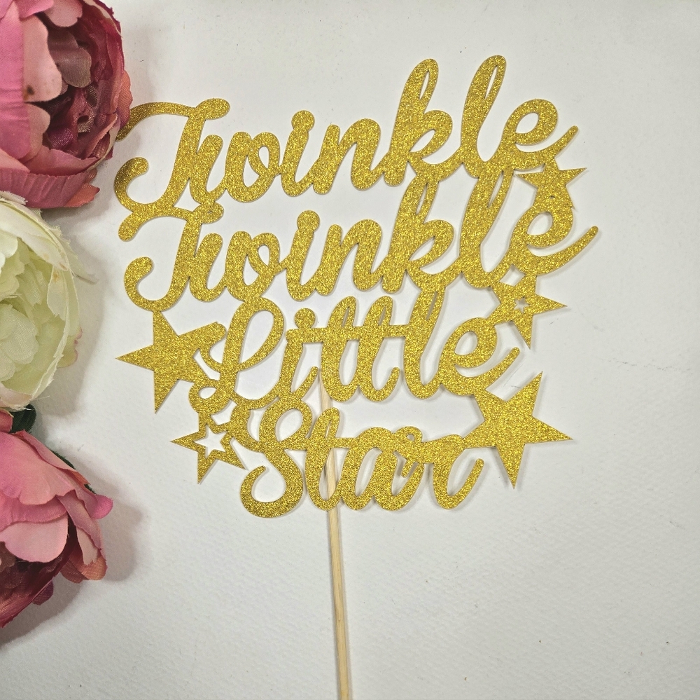 Gold Glitter Cake Topper - Twinkle Twinkle Little Star Toddler Party Cake Topper